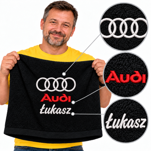 recznik z imieniem i logo audi prezent dla niego niej na święta mikołajki dzień mężczyzny urodziny imieniny wielkanoc dla fanów samochodów audi.png