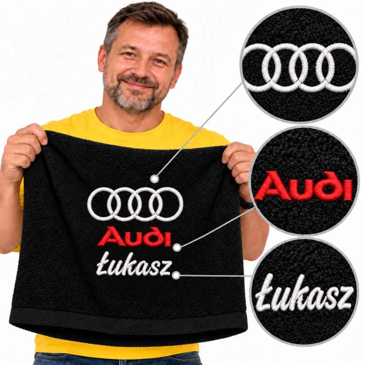 recznik z imieniem i logo audi prezent dla niego niej na święta mikołajki dzień mężczyzny urodziny imieniny wielkanoc dla fanów samochodów audi.png